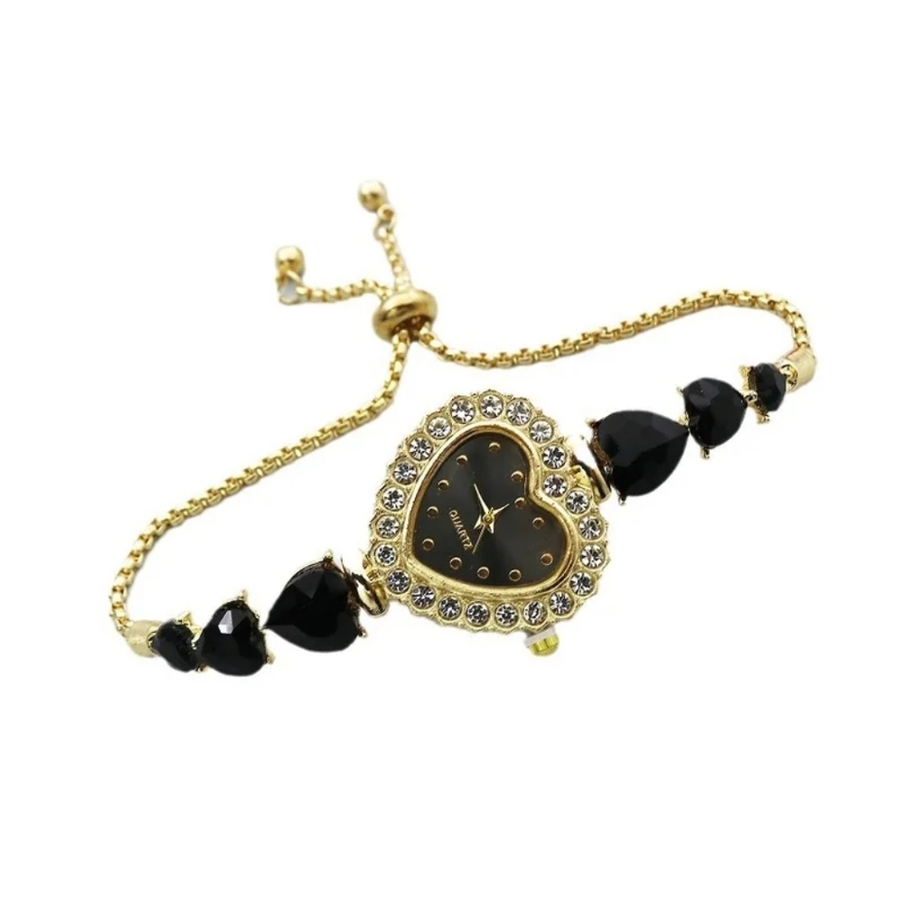 Vintage Black Casual Heart Shape Jewelry With Rhinestones Womens Watch